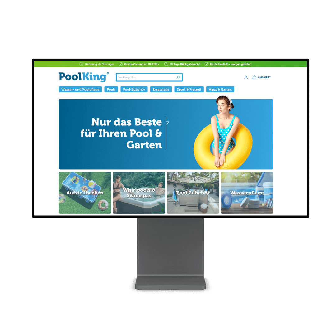 Screenshot des PoolKing Online Shops auf einem Bildschirm.